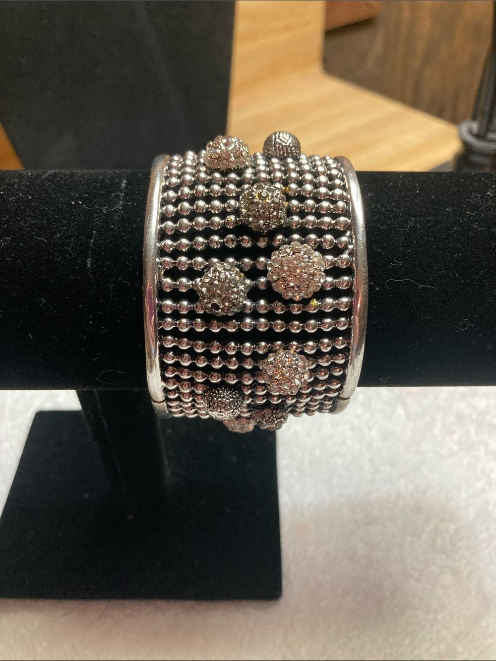 Silver-Tone Pave Bead Statement Cuff Bracelet - Silver